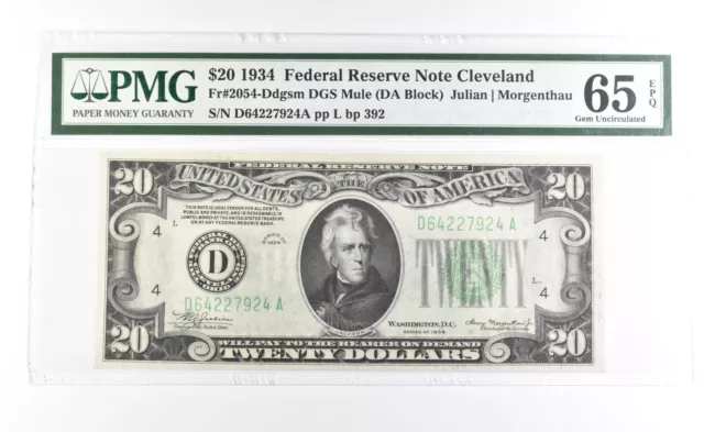 PMG 65 Gem Unc EPQ 1934 $20 Cleveland, OH US FRN Green Seal Fr#2054-Ddgsm *0949