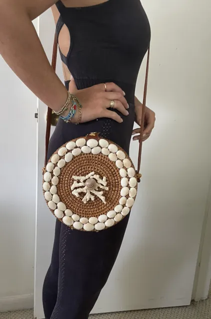 Boho Rattan Wicker Round Handmade Cross body Bag Leather Strap Shells , Coral!!
