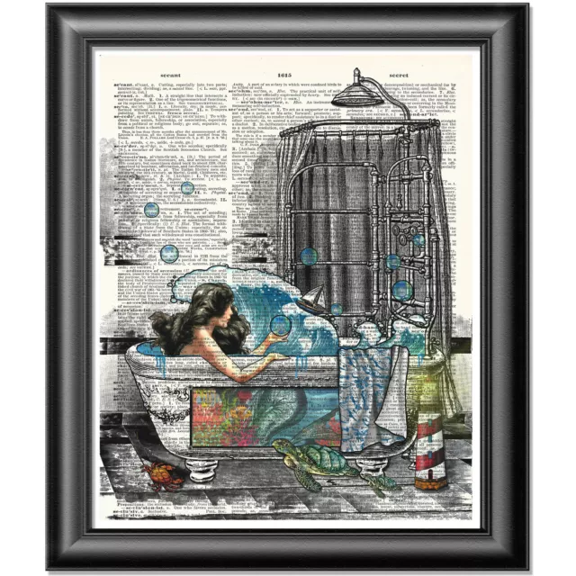 Mermaid Art Print on Dictionary Book Page Wall Art Bathroom Decor Picture