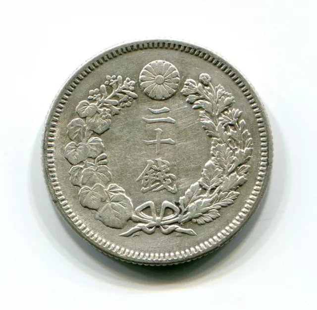 Silver Rising Sun 20 Sen Japan Old coin 082 Japanese (1907 Meiji 40)