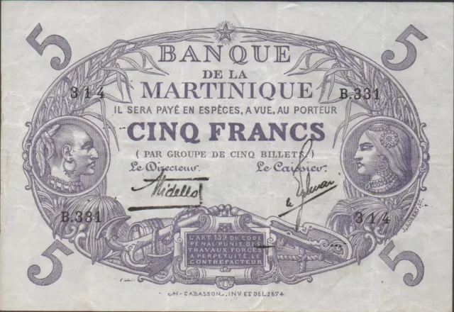 Martinique  5  Francs   L. 1901 / 1934  P 6  Series B  Circulated Banknote QZ19