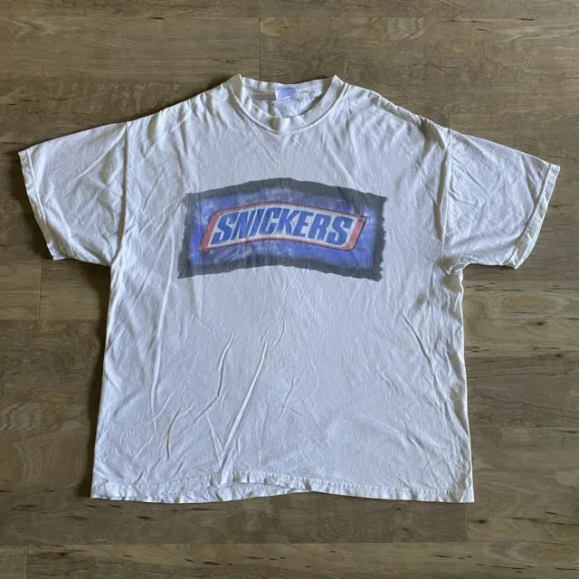 Vintage Snickers Logo Shirt White Double Sided Adult Size XL Hanes Beefy T