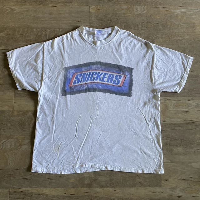 Vintage Snickers Logo Shirt White Double Sided Adult Size XL Hanes Beefy T