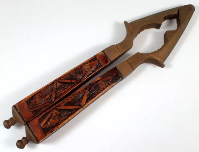 Vtg Hand Carved Wood Ornate Leaf Handles Solid Metal Hand Held Nut Cracker