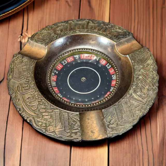 Vintage Fabulous Las Vegas Roulette Wheel Coppertone Metal Ashtray WORKS