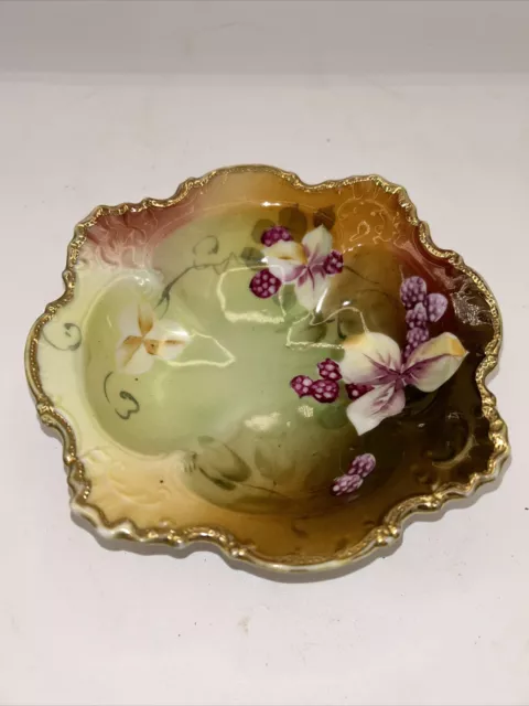 Hand Painted Nippon Nut Candy Dish Gold Trim