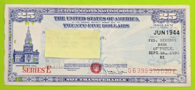 Jun 1944- $25 US Savings Bond Series E Independence Hall Philadelphia Punch Card