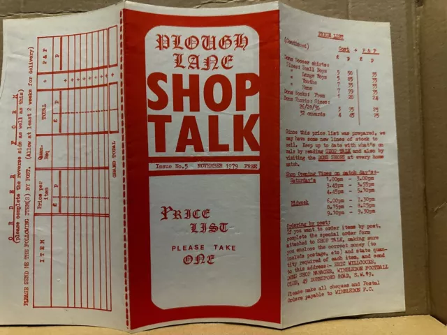 Wimbledon FC Plough Lane Shop Price List 1979