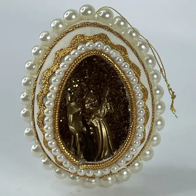 Singing Angel Deer Shadow Box Christmas Tree Easter Egg Ornament VTG Gold Pearls