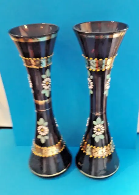 Vintage Czech Bohemian Pair of Amethys Hand Decorated Enamel Art Glass Vases