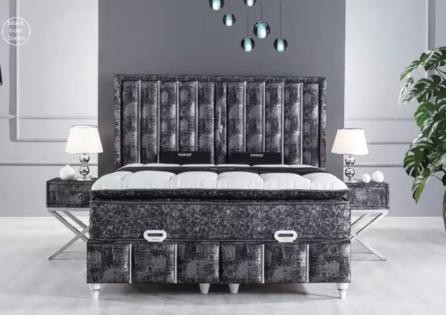 Juego de dormitorio negro diseño cama con colchón 2 mesitas de noche 3 piezas