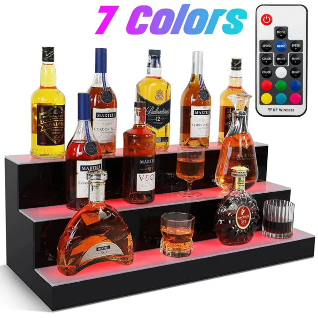 3 Step Tier 24" LED Lighted Shelves Illuminated Liquor Bottle Display & Remote