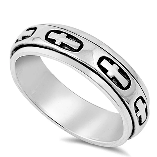 Men 8mm 925 Sterling Silver right hand Band Cross Spinner Ring / Gift Box size12