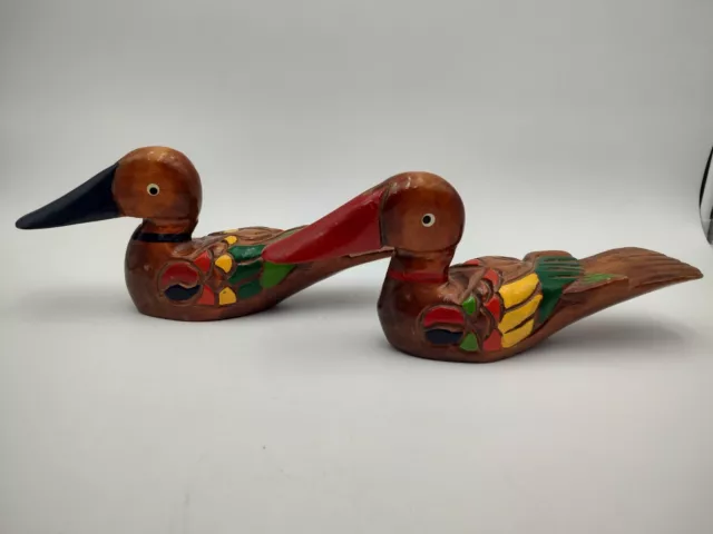Set of 2Wooden Multi Color Carved Duck Hand Painted Lacquered Decorative 12"