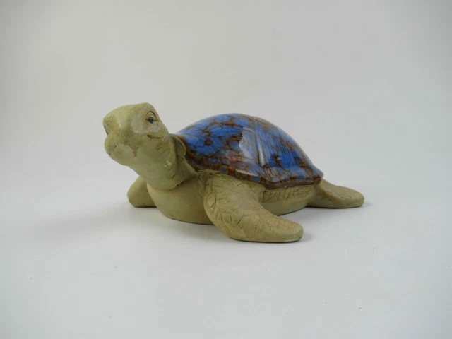 Vintage Snapping Turtle Paper Blue Brown Porcelain Glaze Handmade Figurine 4”