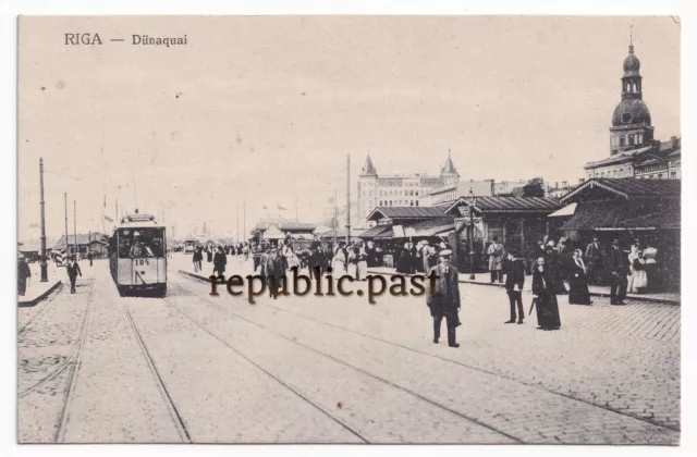 AK Postkarte Riga Dünaquai, Lettland, Straßenbahn (P32)