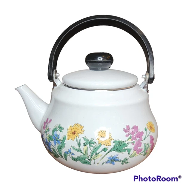 VINTAGE WHITE ENAMEL floral tea kettle teapot flowers cottagecore RARE