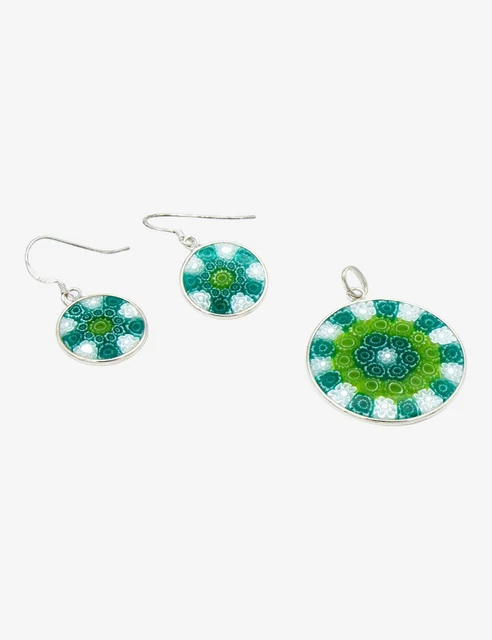 Parure Vintage Années 70 - Collier Long Et Boucles D'oreilles En Pâte De Verre Type Murano - Multicolore