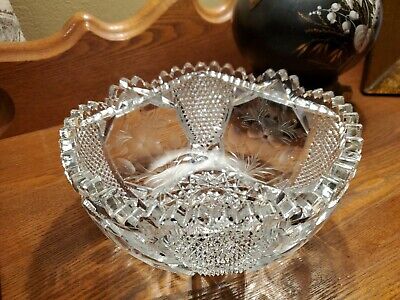Antique American Brilliant Period Cut Glass Bowl With Etched Flowers