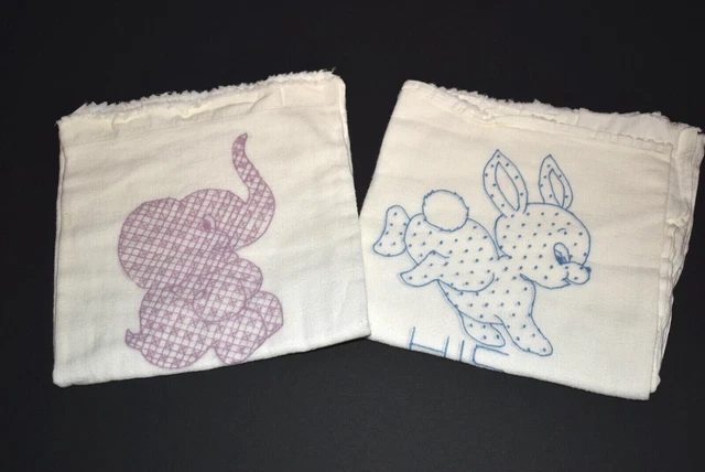 Birdseye Weave Cloth Diapers Vintage 2 Flatfold 18 x 36 His/Hers Bunny Elephant