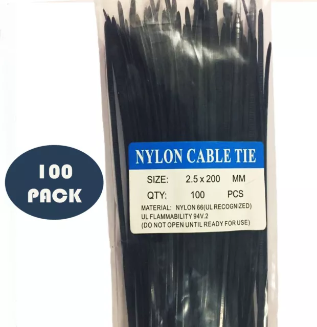 100 Pack - 200 X 2.5MM Nylon Cable Tie Wraps in Black - Tuff Jacks