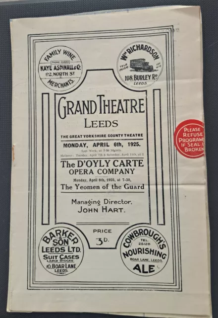 1925 D`Oyly Carte programme Gilbert & Sullivan Grand Theatre Leeds Yeomen