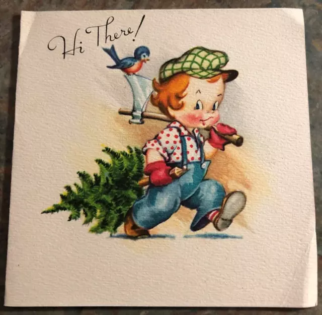 Boy Red Hair Axe Pulling Tree Plaid Hat Blue Bird Christmas Vtg