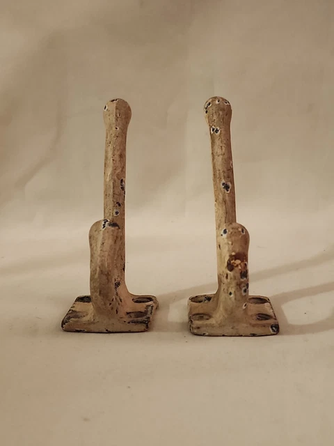 Pair of Antique Salvage Double Cast Iron Coat Hook 3.5" Old Chipped Paint 2