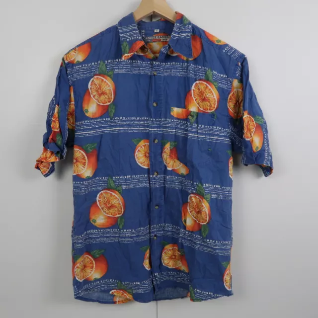 Vintage Casual Basics Mens Shirt Size S Blue Abstract Oranges Hawaiian Loud