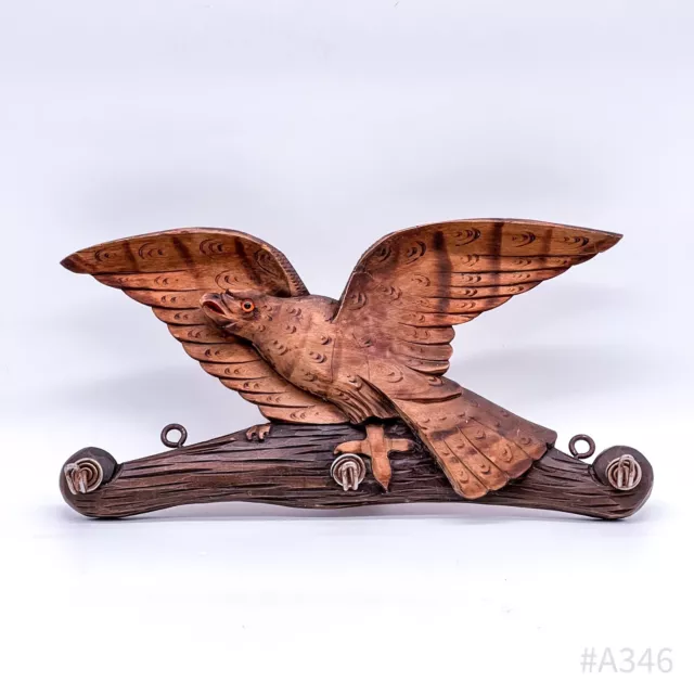 Vintage Jagd-Garderobe Listón de Ganchos „Pájaro“ Madera, Mano Tallada 33x17cm 2