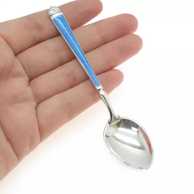 WATSON 925 Sterling Silver Vintage Blue & White Guilloche Enamel Coffee Spoon