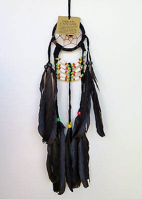 DREAM CATCHER - Small Black Handmade with Leather Feathers Beads Car Wall Decor 2