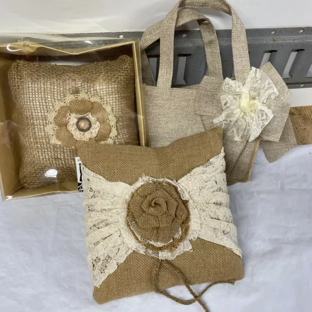 Natural Burlap Flower Girl BASKET Ring Bearer PILLOW Lot Used