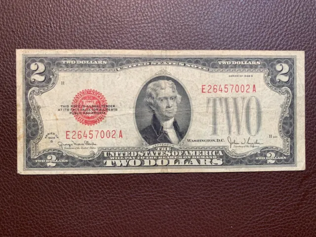 1928-G Two Dollars Bill Red Seal Note E 26457002 A good condition