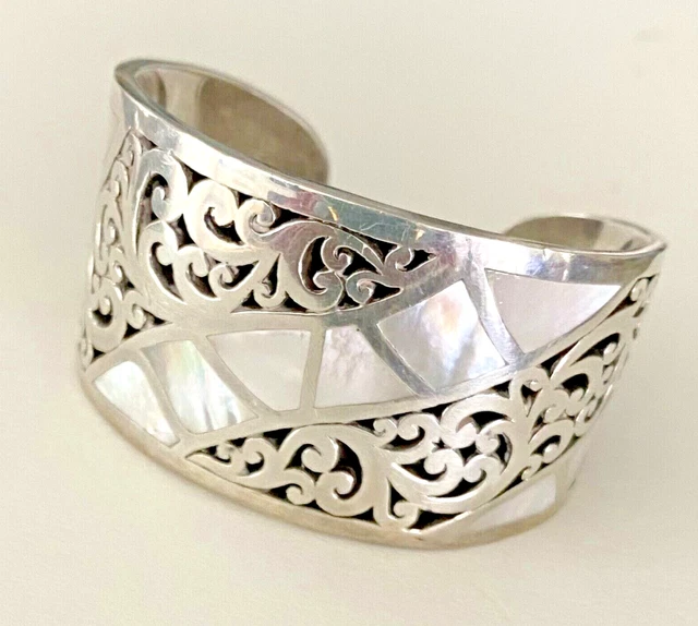 Lois Hill Wide Carved Cuff Bangle Bracelet w/ Inlay MOP 925 Silver 82g Vintage Lois Hill Wide Carved Cuff Bangle Bracelet w/ Inlay MOP 925 Silver 82g Vintage
