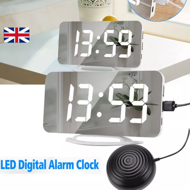 Digital Electronic Mirror Alarm Clock LED Night Light Bedside Wall 2 USB Charger