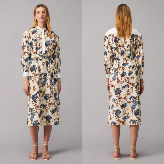 Tory Burch XS Floral Print Tunic Midi Shirtdress Long Sleeves Belted Cotton