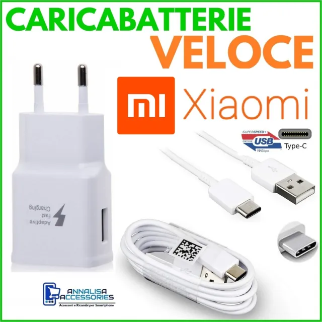 CARICABATTERIE VELOCE FAST per XIAOMI REDMI NOTE 8 PRESA USB + CAVO TIPO TYPE C