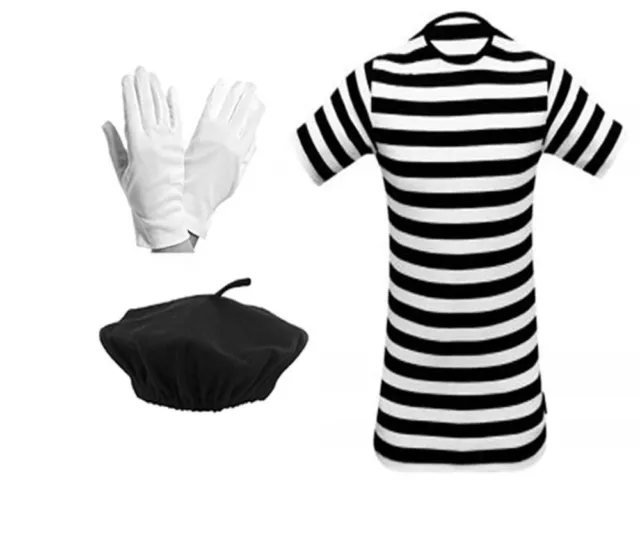 Children's French Mime Artiste T Shirt, Beret Hat, Gloves Fancy Dress Costume