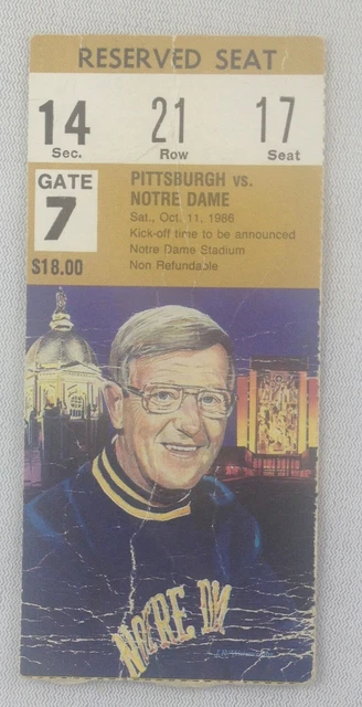 CFB 1986 10/11 Pittsburgh at Notre Dame Football Ticket Stub