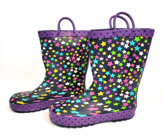 Big Girls Size 1 Rain Boots Purple Black Stars Polka Dots