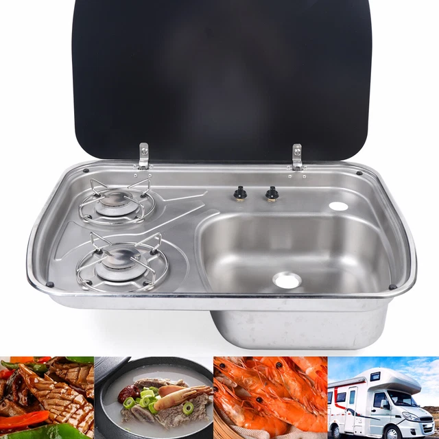 RV CAMPER 2 Burners LPG Gas Stove Hob Sink Combo with Glass Lid for