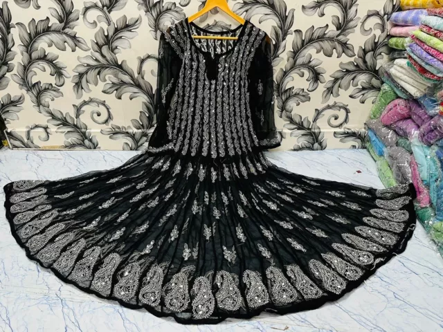 Lucknowi Chikankari Handwork Anarkali 56 Kali mirror kurti 3