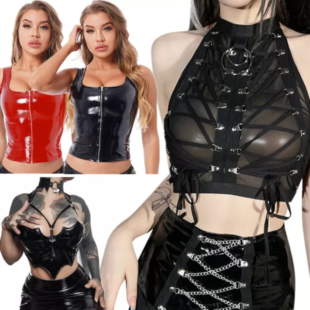 Damen Wetlook Crop Top Lackleder Ärmellos Tanktop Sexy Oberteil mit Zip Clubwear