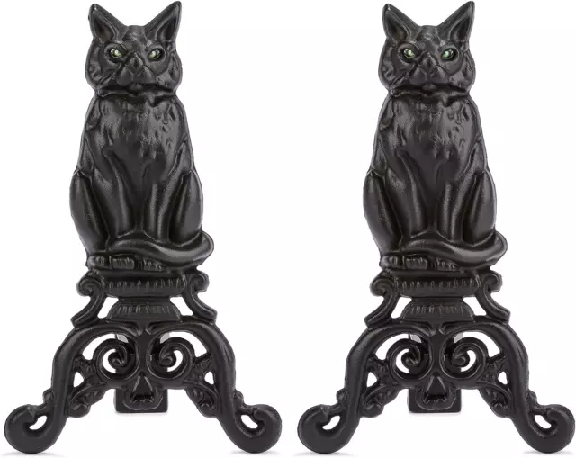 , A-1251, Black Cast Iron Cat Andirons with Reflective Glass Eyes