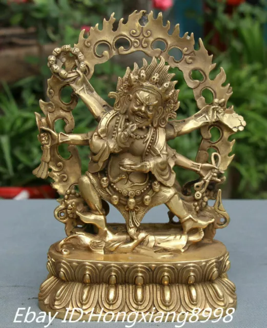 8'' Old Tibet Buddhism Bronze Gilt 6 Arm Mahakala Wrathful Deity Buddha Statue