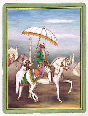 Sikh Peinture Miniature De Maharaja Ranjit Singh Sur Cheval Avec Admirer Papier