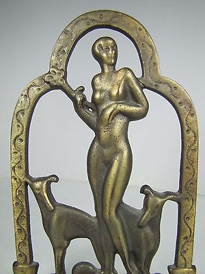 Orig Old Art Deco Nude Beauty Greyhounds Decorative Art Bookend Cast Iron BrassW 2