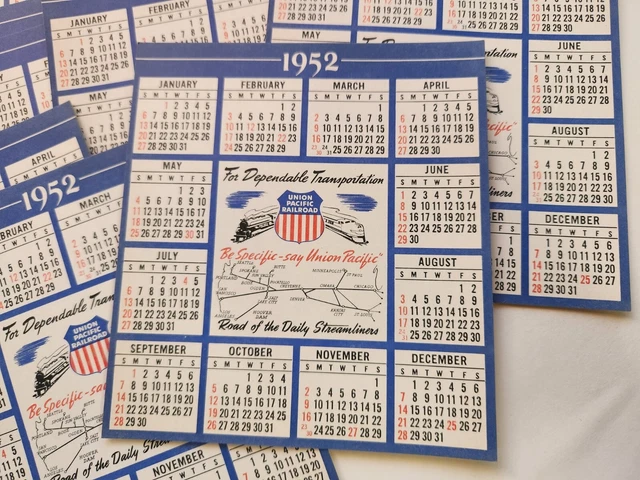 13 Unused 1952 Union Pacific RR Railroad Calendar Advertising Vintage