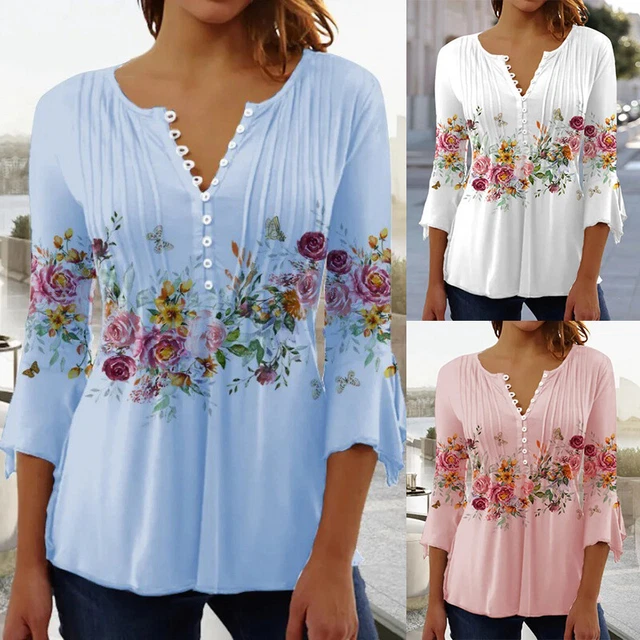 Donna Scollo V Tunica Floreale Top T-Shirt Manica Lunga Casual Sciolto Camicetta
